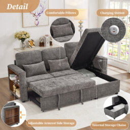 Abrihome 3-In-1 Convertible Chenille Sectional Sofa Bed With Storage Chaise, Charging Station & Adjustable Armrest, Grey - thumbnail 3
