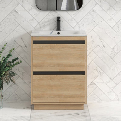 Royal Bathrooms Orion 600mm Natural Oak 2 Drawer Floor Standing Bathroom Vanity Unit With Carrara White Basin & Black Accent Trim - image 1