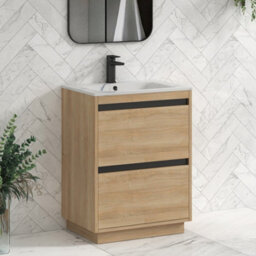 Royal Bathrooms Orion 600mm Natural Oak 2 Drawer Floor Standing Bathroom Vanity Unit With Carrara White Basin & Black Accent Trim - thumbnail 6