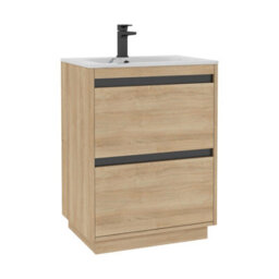 Royal Bathrooms Orion 600mm Natural Oak 2 Drawer Floor Standing Bathroom Vanity Unit With Carrara White Basin & Black Accent Trim - thumbnail 7
