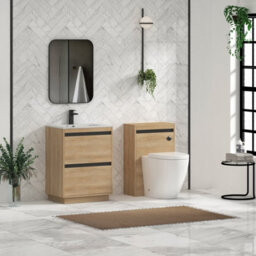 Royal Bathrooms Orion 600mm Natural Oak 2 Drawer Floor Standing Bathroom Vanity Unit With Carrara White Basin & Black Accent Trim - thumbnail 3