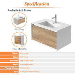 Plum&clay Declan White & Oak Wall Mounted Vanity Unit With Integrated Basin (W)750mm (H)400mm - thumbnail 4