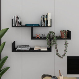 Decortie Tibet Wall Shelves - Floating 3 Tier Wall Mounted Display Unit Black Wood