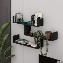 Decortie Tibet Wall Shelves - Floating 3 Tier Wall Mounted Display Unit Black Wood - thumbnail 5
