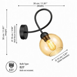 Luminosa Lighting Luminosa Lyra Wall Lamp Black Amber Glass Shade 1X E27 - thumbnail 4