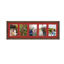 AK Frames 26X8 Walnut Classic Multi Photo Frame With Crimson Mount - Holds 5 Apertures (5X) 6X4 Photos