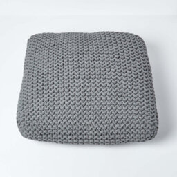 Homescapes Grey Square Cotton Knitted Pouffe Floor Cushion - thumbnail 3