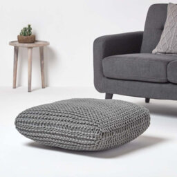 Homescapes Grey Square Cotton Knitted Pouffe Floor Cushion - thumbnail 2