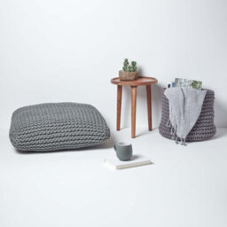 Homescapes Grey Square Cotton Knitted Pouffe Floor Cushion - thumbnail 6