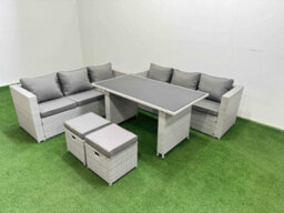 Fimous Rattan Garden Furniture Dining Set 8-Seater Patio Rectangular Table Sofa Set With 2 Small Stools Light Grey - thumbnail 2