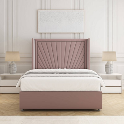 Bsspoke Alina Divan Bed Set Pink Plush Velvet 54Inch Wingedback Panel Headboard & Mattress No Drawers In All Sizes - image 1