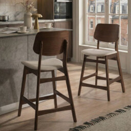 Wyld And Coco Set Of 2 Retro Bar Chairs - Brown And Off-White Bouclé Upholstery, Rubberwood Legs - thumbnail 2