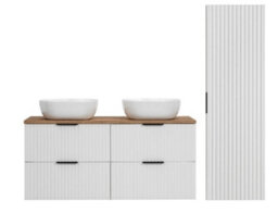 Impact Furniture White Bathroom Double Vanity Unit With Oak Countertop Sink Basin Wall Storage Cabinet Set Ribbed Fluted Furniture Adel - thumbnail 2
