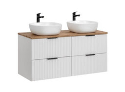 Impact Furniture White Bathroom Double Vanity Unit With Oak Countertop Sink Basin Wall Storage Cabinet Set Ribbed Fluted Furniture Adel - thumbnail 4