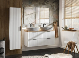 Impact Furniture White Bathroom Double Vanity Unit With Oak Countertop Sink Basin Wall Storage Cabinet Set Ribbed Fluted Furniture Adel - thumbnail 1