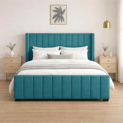 Naples Upholstered Teel Vertical Line Small Double Bed Frame, Modern Luxury Floor-Standing Headboard & Footboard - image 1
