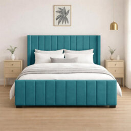 Naples Upholstered Teel Vertical Line Small Double Bed Frame, Modern Luxury Floor-Standing Headboard & Footboard - thumbnail 1