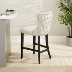 The Furniture Market Boudoir Natural Oatmeal Fabric Button Back Kitchen Counter Bar Stool Wing Back Design Stud Detailing Black Legs Chrome Foot Bar - thumbnail 2