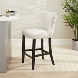 The Furniture Market Boudoir Natural Oatmeal Fabric Button Back Kitchen Counter Bar Stool Wing Back Design Stud Detailing Black Legs Chrome Foot Bar - thumbnail 3