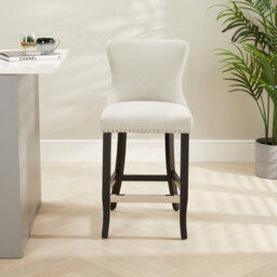 The Furniture Market Boudoir Natural Oatmeal Fabric Button Back Kitchen Counter Bar Stool Wing Back Design Stud Detailing Black Legs Chrome Foot Bar - thumbnail 5