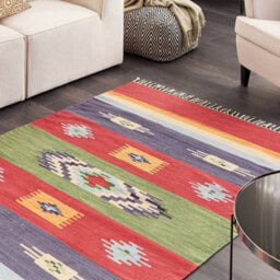 Beliani Kilim Handwoven Cotton Area Rug 140 X 200 Cm Multicolour Geometric Reversible Tassels Boho - thumbnail 2