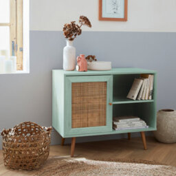 Sweeek - 80Cm Scandi-Style Storage Cabinet With Wooden And Cane Rattan Celadon Green 80X39X65.8 Cm - Boheme - thumbnail 1