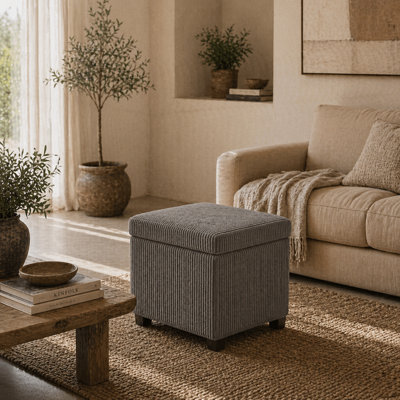 Wyld Haus Creccette Grey Corduroy Storage Ottoman Bench 40Cm Square With Removable Lid - image 1
