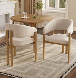 Btm Set Of 2 Dining Chairs, Linen Upholstered Dining Chairs With Metal Frame, Natural Wood Colour, For Dining Room And Kitchen