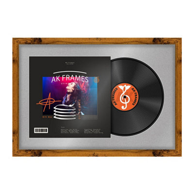 "AK Frames 25X17"" Rustic Oak Modern Vinyl Record Frame With Silver Mount For 12 Inch Lp Cover & Disc - Overlapped Design" - image 1