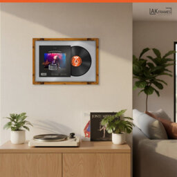 "AK Frames 25X17"" Rustic Oak Modern Vinyl Record Frame With Silver Mount For 12 Inch Lp Cover & Disc - Overlapped Design" - thumbnail 5