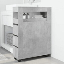 Vidaxl Narrow Bathroom Cabinet With Wheels Concrete Grey Engineered Wood - thumbnail 3