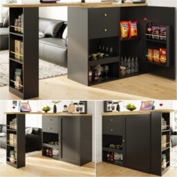 Abrihome Swivel Bar Table With 2 Drawers, Sliding Door Cabinet & 3-Tier Open Storage (105 X 39 X 102 Cm)  For Dining Room, Living Room - thumbnail 7