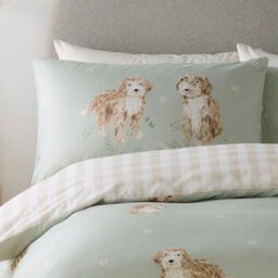 Fusion Hattie The Cockerpoo Cute Dog Print Peach Textured Green Duvet Cover Set - thumbnail 2
