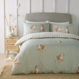 Fusion Hattie The Cockerpoo Cute Dog Print Peach Textured Green Duvet Cover Set - thumbnail 1