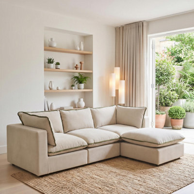 Furniturebox Uk Echo Cream & Green Trim Linen-Look Fabric 3 Seater Modular Chaise Sofa - image 1