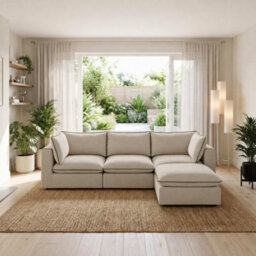 Furniturebox Uk Echo Cream & Green Trim Linen-Look Fabric 3 Seater Modular Chaise Sofa - thumbnail 2