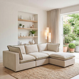 Furniturebox Uk Echo Cream & Green Trim Linen-Look Fabric 3 Seater Modular Chaise Sofa - thumbnail 1