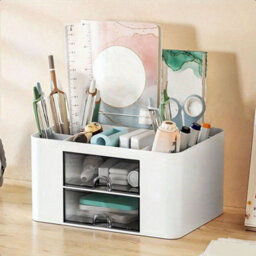 Living And Home White And Grey Plastic Multi-Compartment Desktop Storage Organiser With Drawers, 195mm W - thumbnail 3