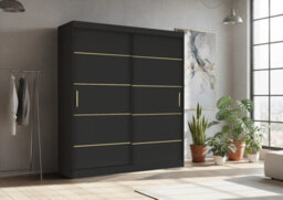 Fhif Lexiss Gold 100Cm Black Modern Sliding Door Wardrobe Bedroom Storage With Shelves & Hanging Rail