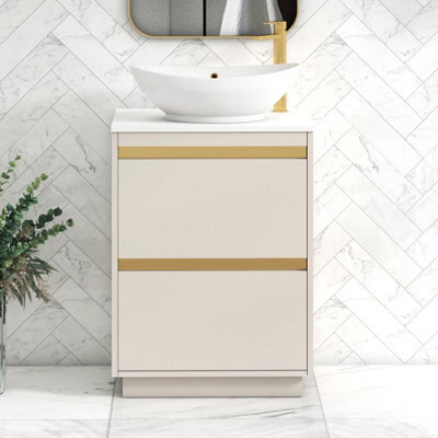 Royal Bathrooms Orion 600mm Warm Taupe Floor Standing Plain White Countertop Vanity Unit 2 Drawer With Amaze Basin & Brushed Brass Accent Trim - image 1