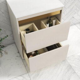 Royal Bathrooms Orion 600mm Warm Taupe Floor Standing Plain White Countertop Vanity Unit 2 Drawer With Amaze Basin & Brushed Brass Accent Trim - thumbnail 4