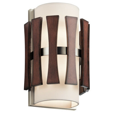 Elegant Twin Wall Light With Stained Wood Panels And Fabric Shade