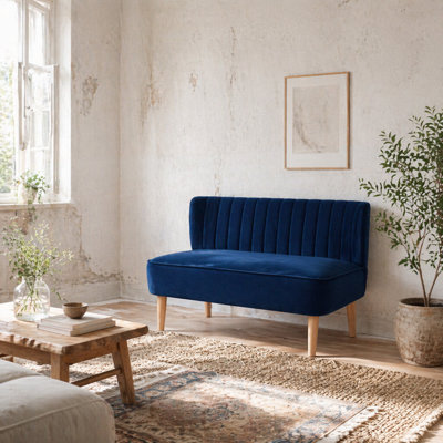 Wyld Haus Haleco Dark Blue Velvet-Feel 2-Seater Loveseat With Panel-Tufted Back And Natural Wooden Legs - image 1