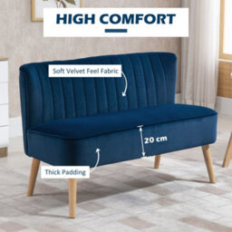 Wyld Haus Haleco Dark Blue Velvet-Feel 2-Seater Loveseat With Panel-Tufted Back And Natural Wooden Legs - thumbnail 5