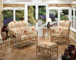 Desser Morley Natural Rattan Footstool Real Cane Indoor Cushioned Footrest With Uk Sewn Cushion In Monet Fabric - thumbnail 3