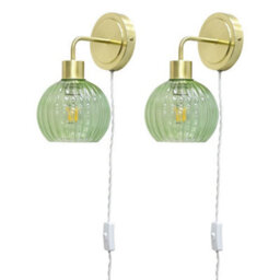 First Choice Lighting Set Of 2 Toby - Satin Brass Plug In Wall Lights Green Ribbed Shades