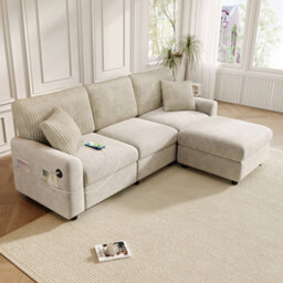 Btm Modern 3 To Seater Sofa With Footstool, 2 Cushions, Usb And Type To C Charging Ports, 223X84X146Cm, Beige - thumbnail 4