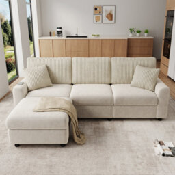 Btm Modern 3 To Seater Sofa With Footstool, 2 Cushions, Usb And Type To C Charging Ports, 223X84X146Cm, Beige - thumbnail 7
