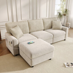 Btm Modern 3 To Seater Sofa With Footstool, 2 Cushions, Usb And Type To C Charging Ports, 223X84X146Cm, Beige - thumbnail 5