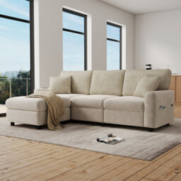 Btm Modern 3 To Seater Sofa With Footstool, 2 Cushions, Usb And Type To C Charging Ports, 223X84X146Cm, Beige - thumbnail 6